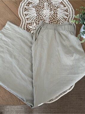 Wynne Layers Linen Blend Wide‎ Leg Cropped Pants 1X Pull On Elastic Waist Beige